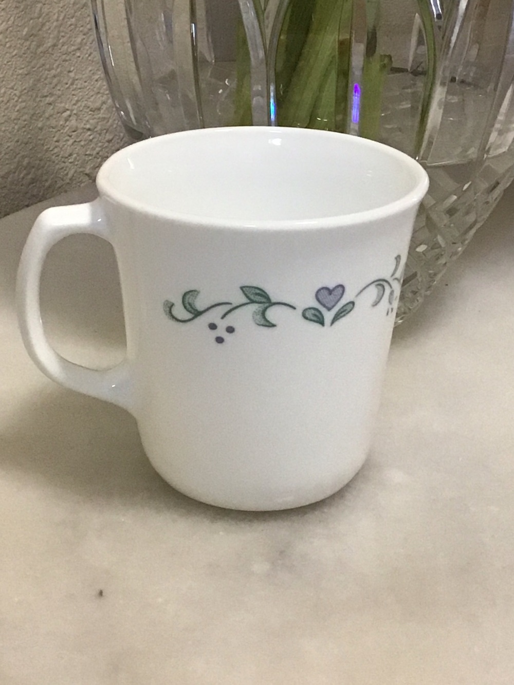 Corningware White Ceramic Coffee Mug with Green Leaf and Purple Heart Trim